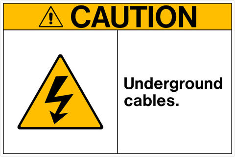 A safety sign with a yellow border and a black background, featuring a white triangle with a black lightning bolt symbol and the text 'CAUTION UNDERGROUND CABLES.'.