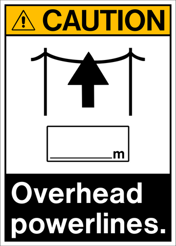 A black and yellow caution sign with a pictogram of an overhead powerline and a space to write the height.