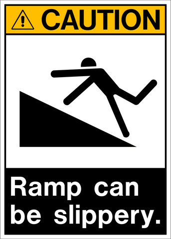 Caution sign with pictogram and text stating 'Ramp can be slippery.'