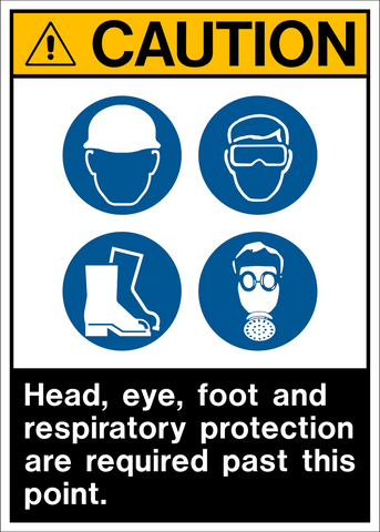 A yellow rectangular safety sign with pictograms depicting a hard hat, safety goggles, and a respiratory protection mask, and text that states 'CAUTION HEAD, EYE, FOOT AND RESPIRATORY PROTECTION ARE REQUIRED PAST THIS POINT'.