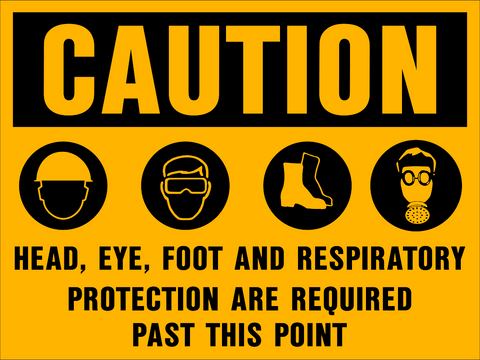 A yellow safety sign with black text and pictograms indicating 'CAUTION' with a list of body parts and protection types required (HEAD, EYE, FOOT and RESPIRATORY).