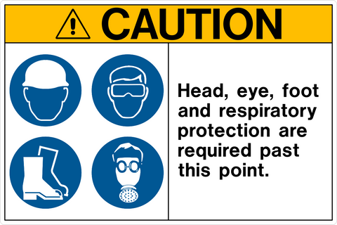 A safety sign with a yellow background and the word 'CAUTION' in black. It features pictograms of a hard hat, eye protection, foot protection, and a respiratory protection sign with a gas mask.