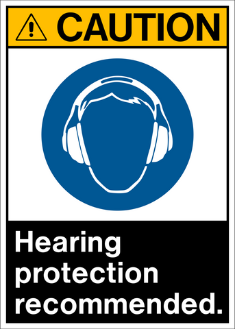 A caution sign with a blue circular pictogram of headphones and text that says 'HEARING PROTECTION RECOMMENDED.'