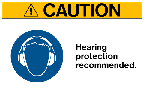 A caution sign with a blue circular pictogram of headphones and text that says 'HEARING PROTECTION RECOMMENDED.'