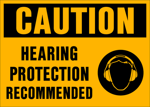 A yellow safety sign with black text and graphics indicating 'CAUTION - EAR PROTECTION RECOMMENDED' along with an image of a pair of headphones and a warning symbol.