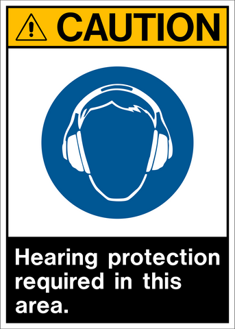 A safety sign with a blue circular pictogram showing headphones and the text 'CAUTION HEARING PROTECTION REQUIRED IN THIS AREA.'.