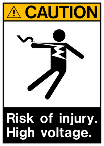 A black and white caution sign with a pictogram of a person electrocuted and text stating 'CAUTION RISK OF INJURY HIGH VOLTAGE.'.