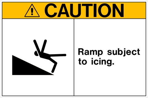 Caution sign with slipping person symbol and message “Ramp Subject to Icing.” White background with yellow header for clear visibility.