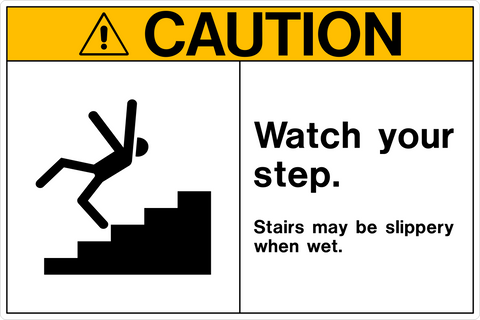Caution sign with stair symbol warns of slippery steps when wet. Ideal for stairways and entrances.