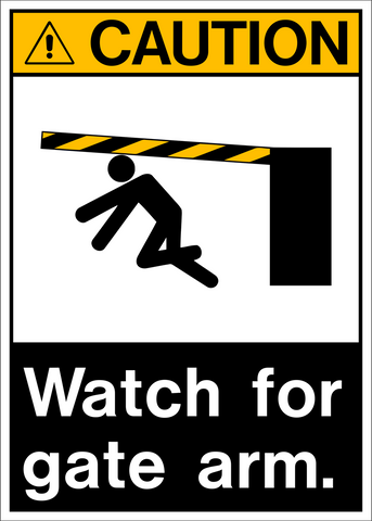 A caution sign with a pictogram showing a person falling over a gate arm, and text that says 'WATCH FOR GATE ARM.'