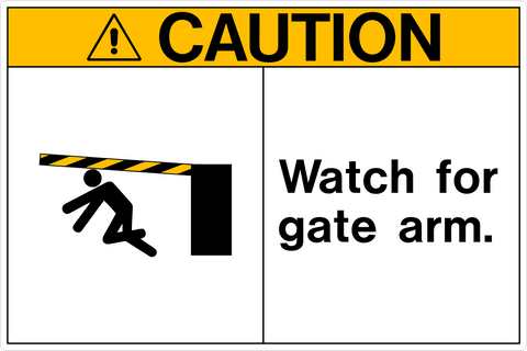 A safety sign with a yellow background and black pictogram showing a person falling over a gate arm, and the text 'CAUTION WATCH FOR GATE ARM.'.