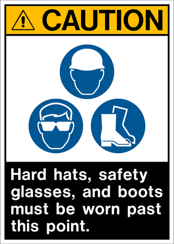 A caution sign featuring a yellow background with a black and white pictogram. The pictogram includes three icons: a hard hat, safety glasses, and boots, with text underneath stating 'Hard Hats, Safety Glasses, and Boots Must Be Worn Past This Point'.