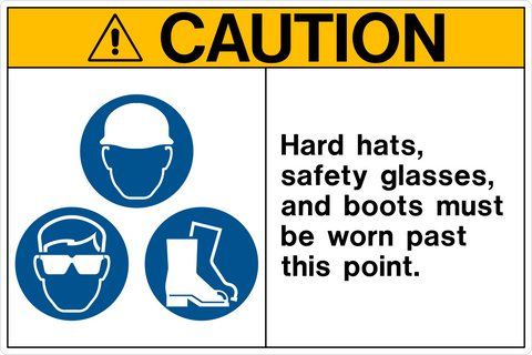 A safety sign with a yellow background and text that reads 'CAUTION HARD HATS, SAFETY GLASSES, AND BOOTS MUST BE WORN PAST THIS POINT.' The sign also includes blue pictograms depicting a hard hat, safety glasses, and boots.