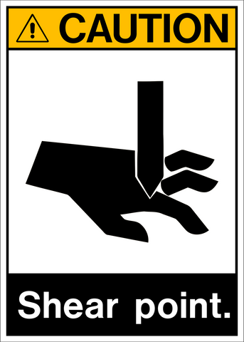 ANSI layout caution sign with a pictogram of a hand pointing at a shear point, and the text 'CAUTION SHEAR POINT.'
