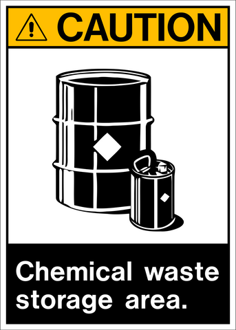 A black and white caution sign with a yellow border, featuring a pictogram of a chemical waste storage area and text below.