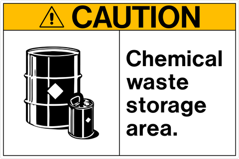 A safety sign with a yellow background and black text that reads 'CAUTION CHEMICAL WASTE STORAGE AREA' along with a pictogram of a black oil drum with a warning symbol.