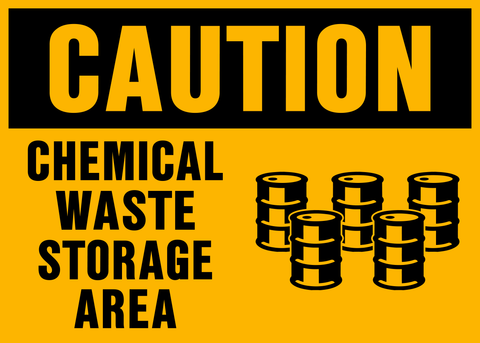 A yellow sign with black text and pictogram indicating a chemical waste storage area with barrels.