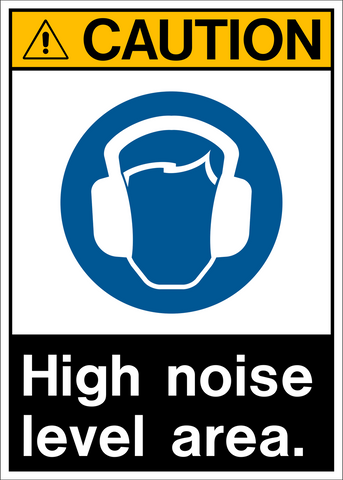 Caution sign with a blue and white pictogram of headphones and a yellow caution label that says 'HIGH NOISE LEVEL AREA.'