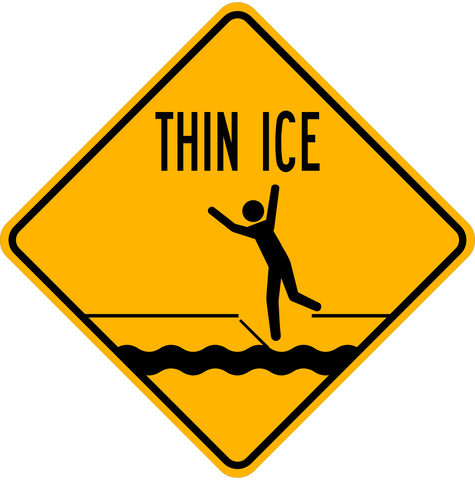Diamond-shaped Thin Ice sign with falling person icon above cracked ice, warning of unsafe frozen surfaces.