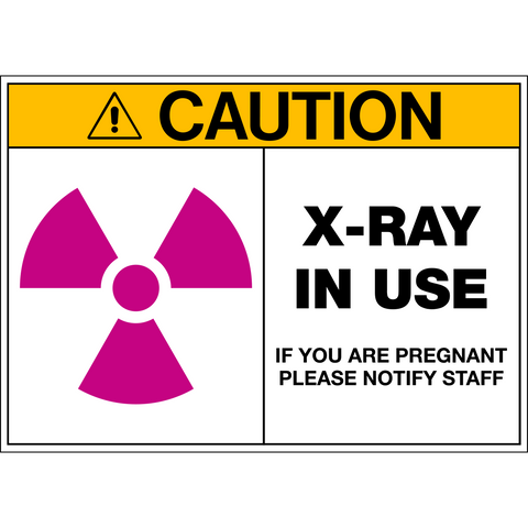 Sign with a yellow background and a pink mushroom-shaped radiation symbol indicating caution for X-ray in use, with text underneath requesting notification if pregnant.