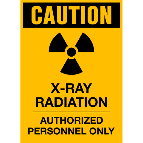 A caution sign with a yellow background and black and white pictogram indicating X-ray radiation, and text that reads 'CAUTION' and 'X-RAY RADIATION' with 'AUTHORIZED PERSONNEL ONLY' underneath.