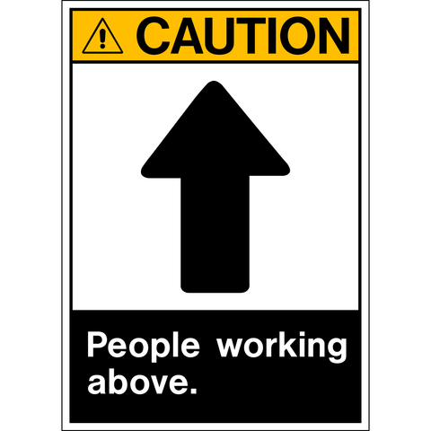 A rectangular sign with a black and white color scheme, featuring a directional arrow, the word 'CAUTION' in bold black letters, and the phrase 'PEOPLE WORKING ABOVE' in regular black text.