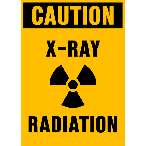 A yellow caution sign with black text saying 'CAUTION X-RAY RADIATION' and a radiation symbol pictogram.