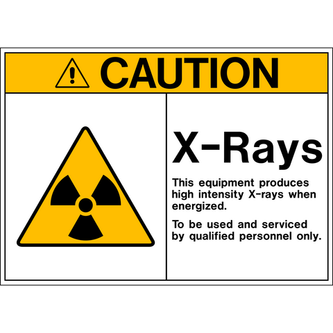 OSHA Caution sign with the label X-Rays. The sign has a yellow background with a black radiation symbol and text stating that this equipment produces high intensity X-rays when energized.