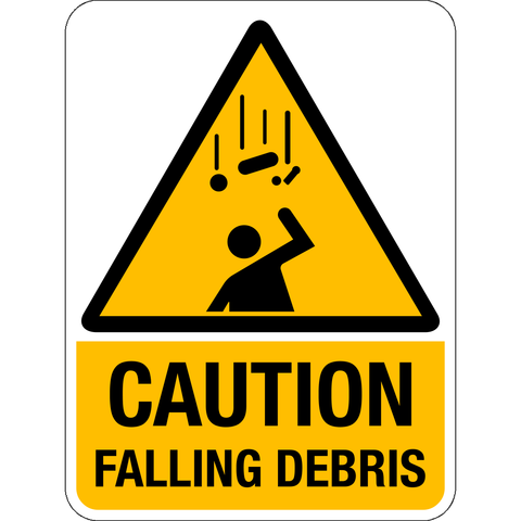 A white and yellow safety sign with a black triangle and icon indicating caution due to falling debris.