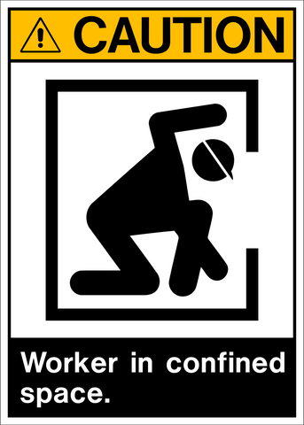 A caution sign with an pictogram of a person crouched in a confined space, with the text 'Worker in confined space.'