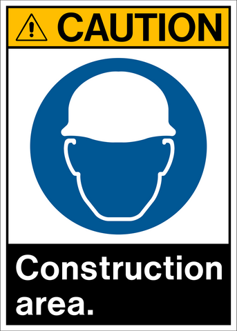 A caution sign with a blue pictogram of a hard hat and the text 'CONSTRUCTION AREA.'