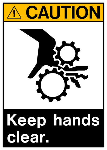 Caution sign with a black and white pictogram of gears and text that says 'KEEP HANDS CLEAR.'