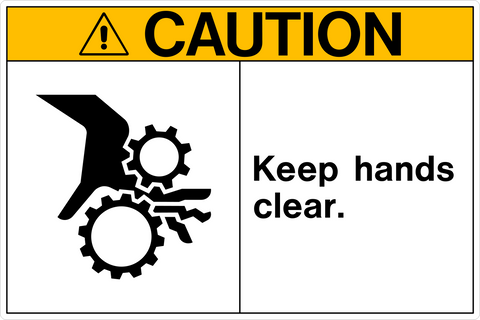 A safety sign with a yellow background and the text 'CAUTION KEEP HANDS CLEAR' along with a pictogram of gears and a warning triangle.