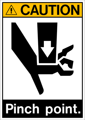 A caution sign with a pictogram depicting a pinch point. The sign has a white background with the text 'CAUTION' at the top and 'PINCH POINT' at the bottom, where the pictogram is located.
