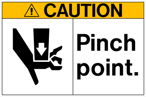 A safety sign with a white background and black pictogram and text that reads 'CAUTION PINCH POINT.'