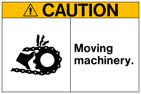 Safety sign with a white background and black text that reads 'CAUTION MOVING MACHINERY.' There is a black pictogram of a gear and warning sign symbols above the text.