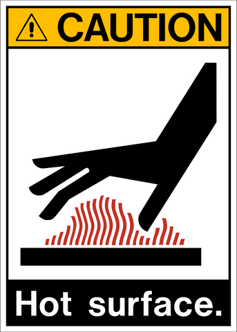A white caution sign with a graphic of a hand over a hot surface with text saying 'CAUTION HOT SURFACE'