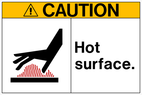 A caution sign with a white background and a black and red pictogram of a hand warning about a hot surface. The text 'CAUTION HOT SURFACE.