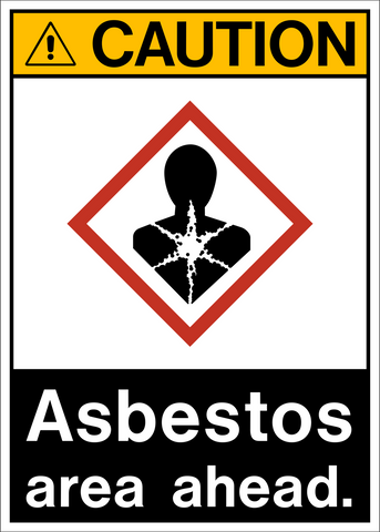 Caution sign with a red and white pictogram of asbestos and text indicating 'Asbestos Area Ahead.'