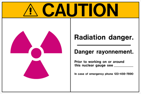A sample image of a Radiation Danger OSHA Caution Sign featuring a yellow background with a pink radiation symbol and text that includes an emergency phone number.