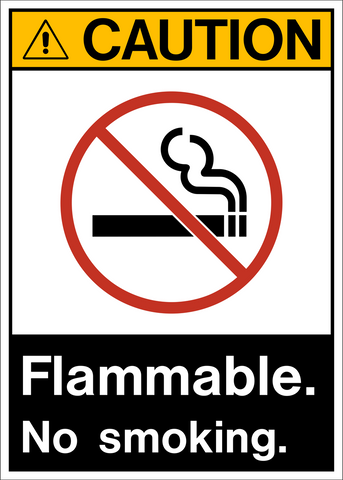 A rectangular safety sign with a red and white color scheme, featuring pictograms of a cigarette and a no smoking sign, with the word 'Flammable.'.