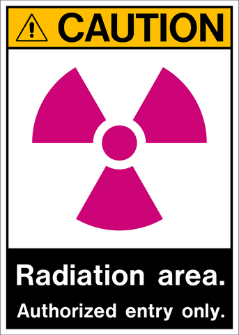 Vertical Caution sign with magenta radiation symbol and message “Radiation Area Authorized Entry Only.” Black and yellow safety layout.