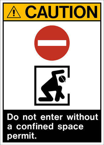 A caution sign with a yellow background and a black pictogram depicting a person crouched down with a sign indicating 'Do not enter without a confined space permit.'.