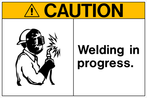 Safety sign with a white background and the text 'CAUTION WELDING IN PROGRESS' in black capital letters, accompanied by a pictogram of a person welding.