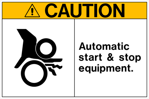 Horizontal Caution sign with machinery hazard symbol and text “Automatic start & stop equipment.”