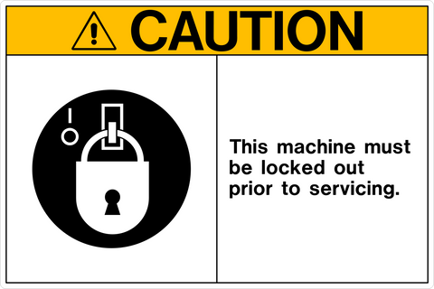 Machine Lock Out Caution OSHA Lock Out Sign is a safety sign with a yellow background and black text at the top that reads 'CAUTION' and black text 'THIS MACHINE MUST BE LOCKED OUT PRIOR TO SERVING.' on a white background and with a pictogram of a white padlock on a black background.