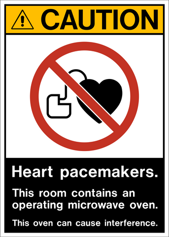 Caution sign featuring a heart and pacemaker interference symbol with bold black text warning about microwave oven interference. High-visibility yellow and black design.