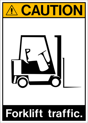 A black and white caution sign featuring a forklift with a yellow warning label.