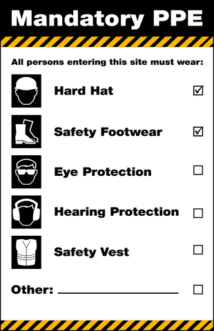 Construction site access mandatory PPE sign with multiple safety equipment icons and checklist