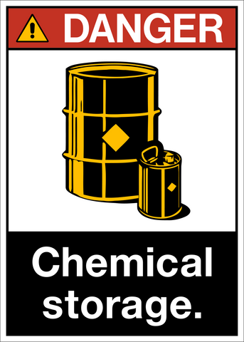 ANSI Chemical Storage Danger Sign with safety alert symbol and chemical barrel icon